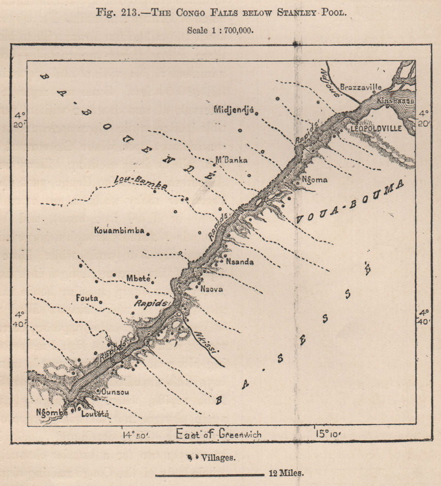 The Congo Falls below Stanley Pool (Pool Malebo) . Congo Basin 1885 old map